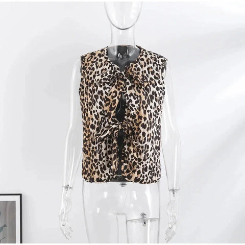 Leopard Waistcoat y2k Clothes Round Neck Sleeveless Tie Up Cardigan Tops 2000s Aesthetic Clothing Streetwear