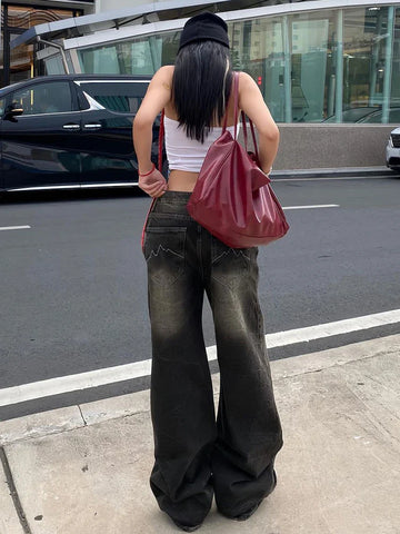 Voguable Streetwear Jeans Harajuku Cargo Pants Y2K Casual Denim Distressed Straight Wide Leg Trousers FeKorean
