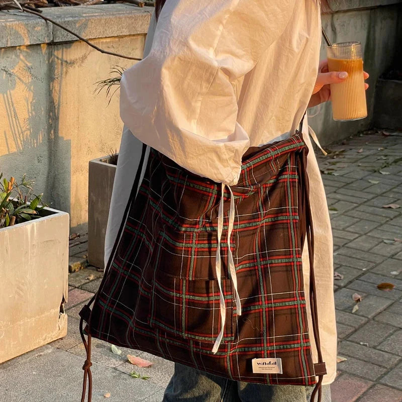 Drawstring Vintage Pleated Backpacks Y2k Aesthetic Plaid Grunge Shoulder Bags High-capacity Harajuku Handbags Crossbody