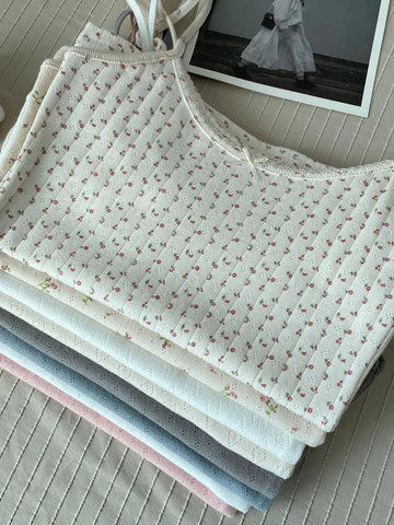 Floral Eyelet Bow Cotton Crop Tops Lace Trim Sleeveless Slim Tank Top Preppy Style Sweet Camisole Y2k Clothes