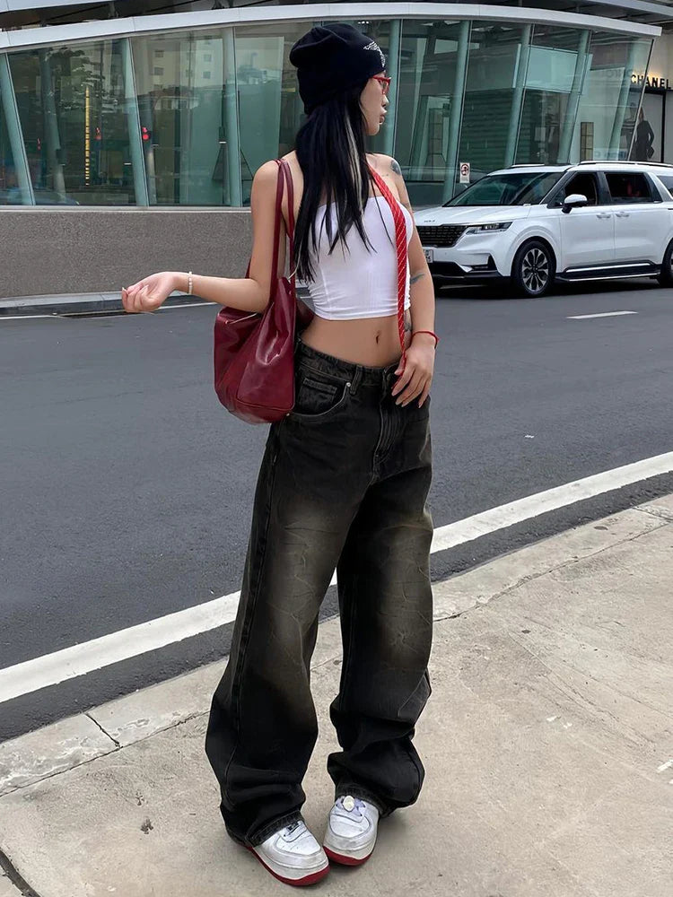 Voguable Streetwear Jeans Harajuku Cargo Pants Y2K Casual Denim Distressed Straight Wide Leg Trousers FeKorean