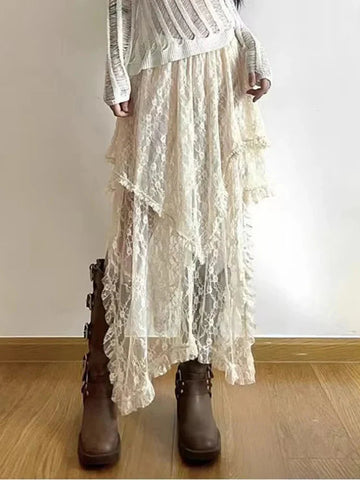 Asymmetrical Lace Skirt Vintage Y2K Aesthetic High Waist Mid Skirts Ladies Holiday Outfits New