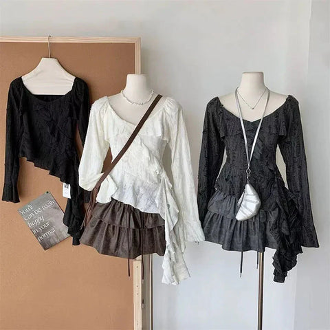 Irregular Patchwork T Shirts Y2K Gothic Ruffled Sleeve FeTops Streetwear Hollow Out Hole Casual Tees New