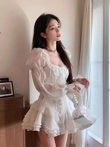 Voguable French Sweet White Y2k Mini Dress Long Sleeve Beach Style One Piece Dress Korean Japanese Kawaii Chic