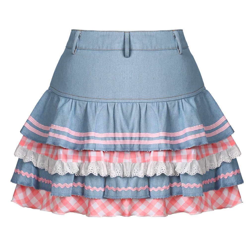 Y2k Kawaii Denim Skirt Mini Party Sweet Ball Gown Aesthetic High Waist Skirts 4 Layer Ruffle Cake Skirts E Girls Skater
