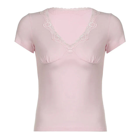 Voguable Kawaii Lace Patchwork V-neck Top Pink Casual Basic Short Sleeve T-shirts Sweet Japanese Style Y2K  Slim-fitting Tees