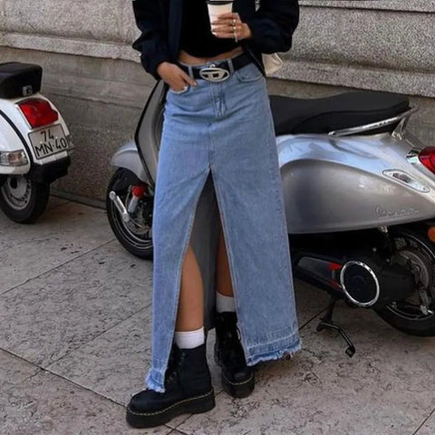 Cotton Simple Vintage Long A-Line Skirt Slit Denim Skirt Y2K Party Skinny Vestidos Vero Vintage Size