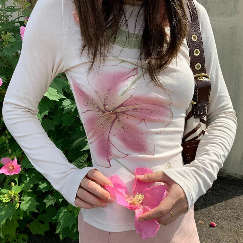 Fairy Coquette Top y2k Clothing Rhinestone Floral Print Round Neck Long Sleeve T Shirts 2000s Clothes Streetwear