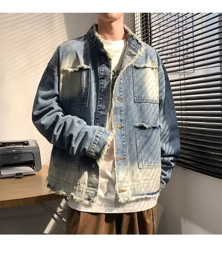 American Short Cowboy Jackets Outwear High Street Raw Edge Design Denim Jacket Man Woman Hip Hop Retro Wash Cargo Coats y2k