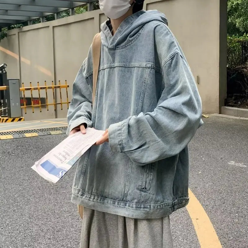 American Washed Retro Denim Hoodie Design Sense Hooded Y2k Harajuku And Winter Trend Heavy Oversize Coat