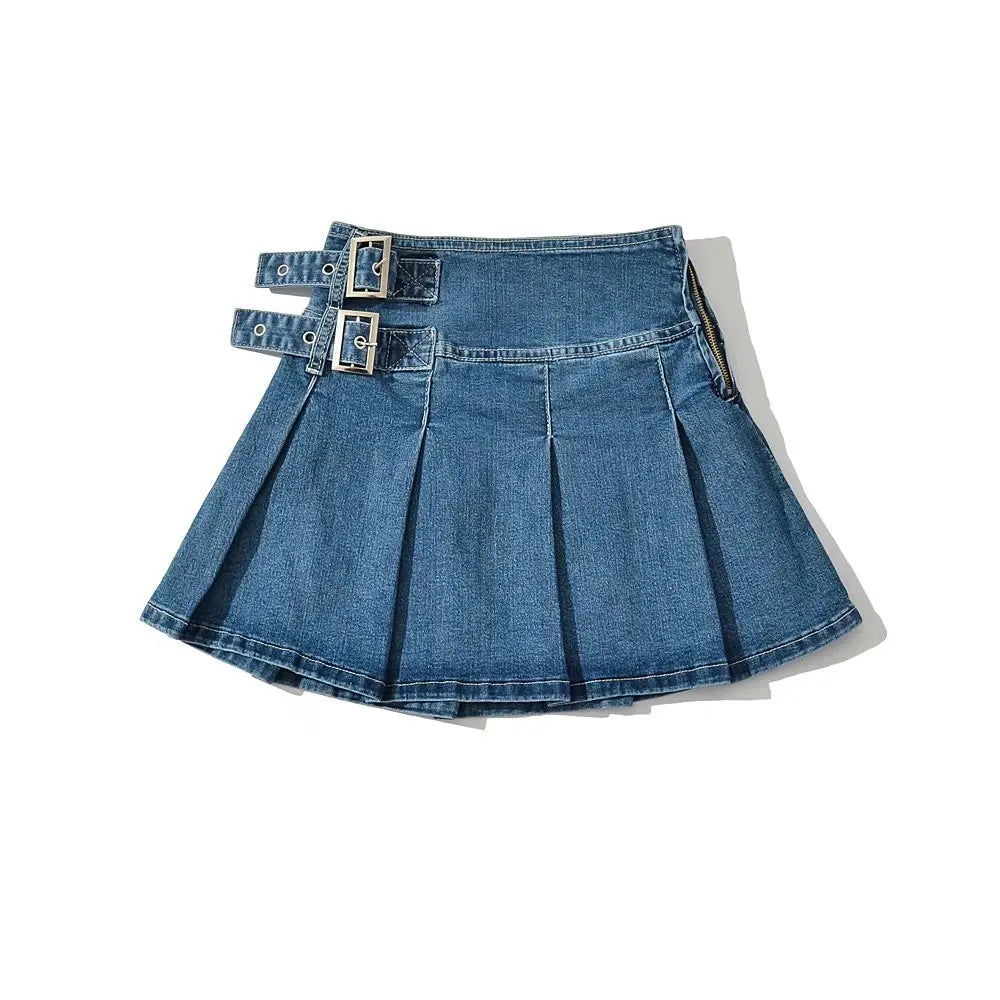 Denim Y2k Skirt with Pleats and Belt 90s E-girl Korean Skirts For High Street Jeans Short Bottom