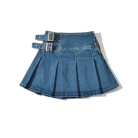 Denim Y2k Skirt with Pleats and Belt 90s E-girl Korean Skirts For High Street Jeans Short Bottom