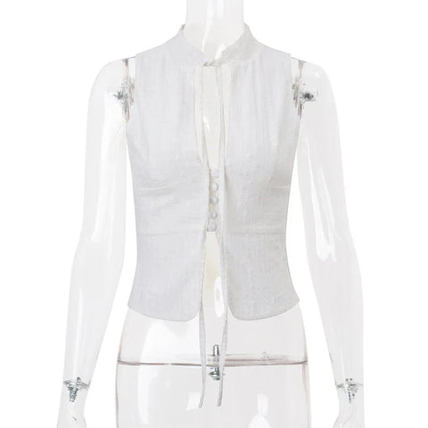 y2k Tank Top Clothes White Flower Embroidery Mock Neck Front Cutout Sleeveless T Shirt Vest Streetwear
