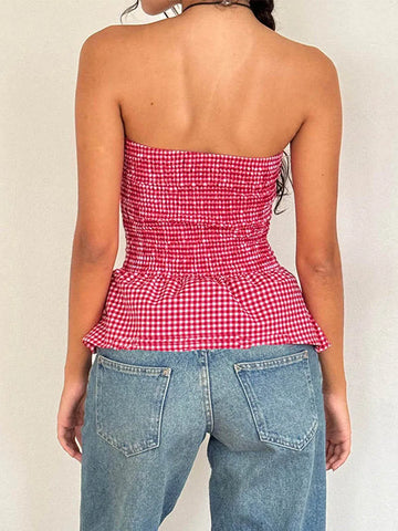 Y2k Red Gingham Crop Top Womean Strapless Ruffle Hem Sleeveless Button Cami Coquette Aesthetic Plaid Print Crop Top Summer