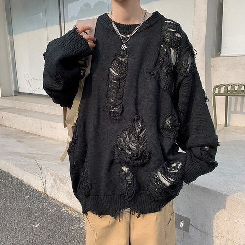 Ripped Sweaters Pullovers for Baggy High Street Retro Japanese Design Y2k Knitwear Harajuku Свитер Handsome Cool Teens Chic