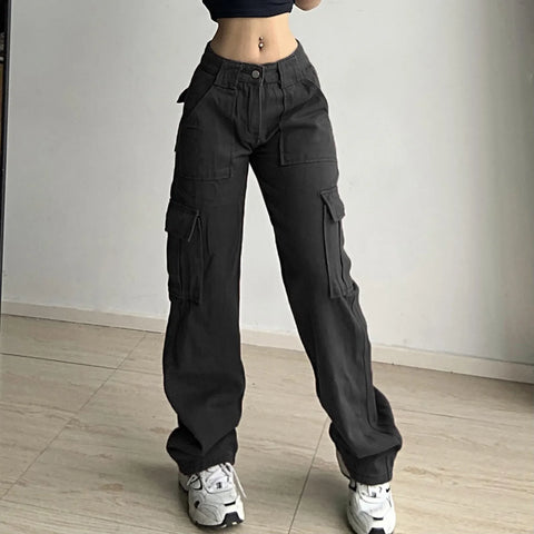 Vintage Cargo Pants Overalls Baggy Jeans Casual Y2k 90s Streetwear Big Pockets High Waist Straight Denim Trousers