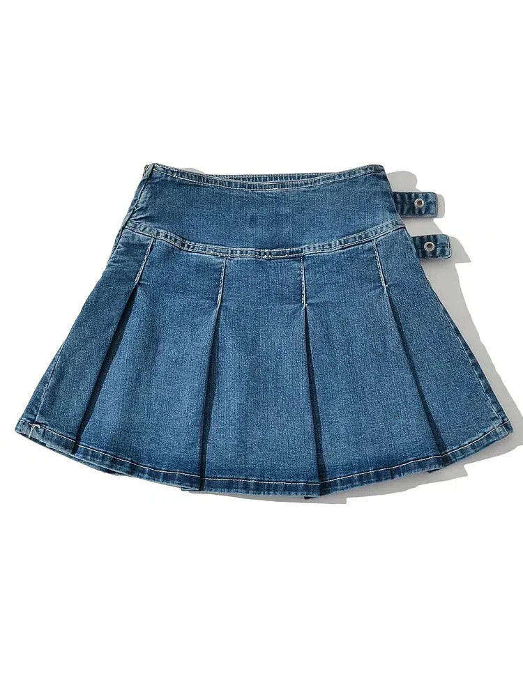 Denim Y2k Skirt with Pleats and Belt 90s E-girl Korean Skirts For High Street Jeans Short Bottom