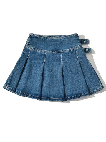 Denim Y2k Skirt with Pleats and Belt 90s E-girl Korean Skirts For High Street Jeans Short Bottom