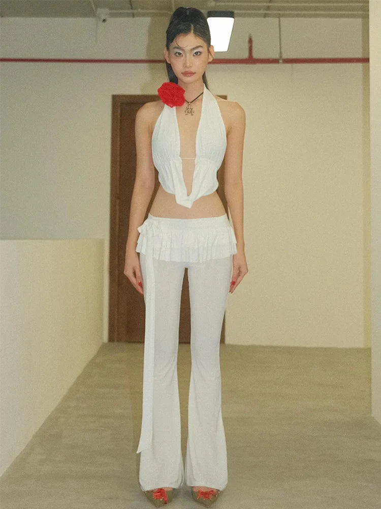 Voguable Solid Bow Lacing Patchwork Double Layer Ruffles Flare Pants Mid Rise Slim Trousers Hottie Y2K Streetwear