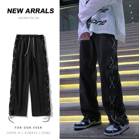 Cross Ribbon Jeans Baggy Designer Brand Denim Pants Y2K Gothic Streetwear Korean Clothing Trousers