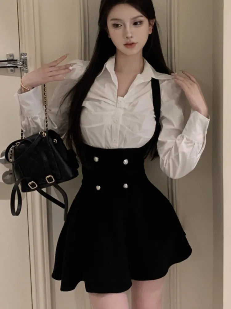 Voguable  Y2K 3 Piece Set Cropped Coat + Long Sleeve Shirt + High Waist Halter Ruffles Mini Dress Korean Chic Outfits
