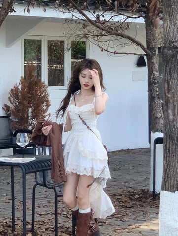 Voguable Y2K 2000S Irregular Midi Dress Fairy Lace Patchwork Strap One Pieces Dresses Vacation Korean Bodycon Vestidos