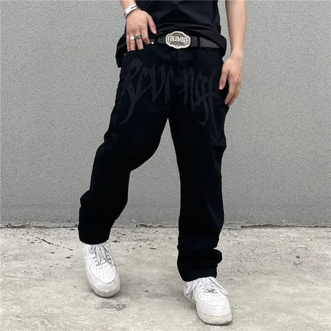 Y2K Black Baggy Jeans Streetwear American Retro Printed Letter Pants Straight Hip-hop Loose Denim Trousers