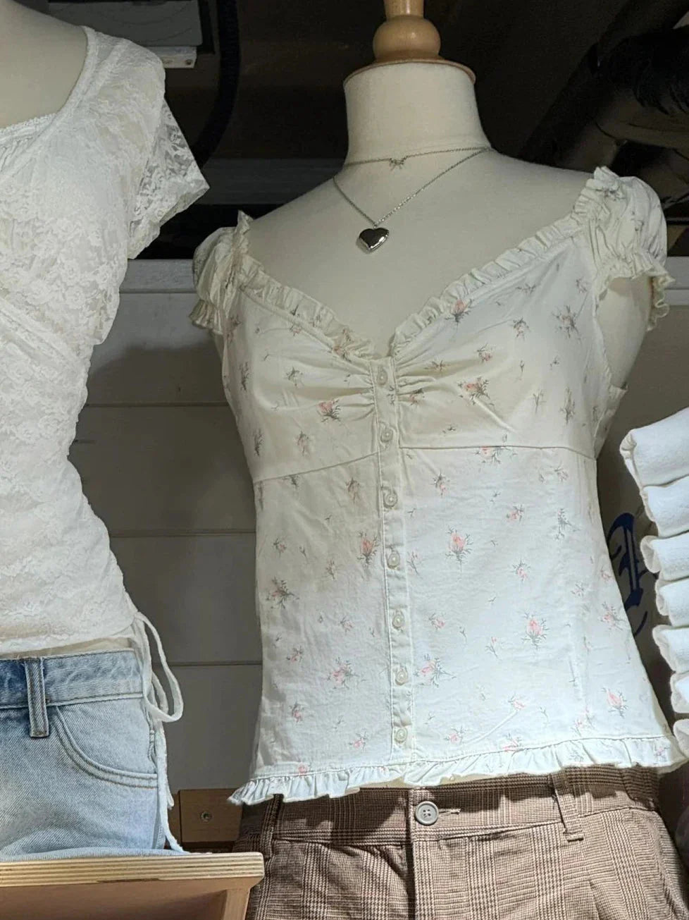 Ruffles White Basic Blouse Top for Woman Folds Single Breasted Sleeveless Tank Tops Casual Cotton Vest Y2k Sweet Camisole