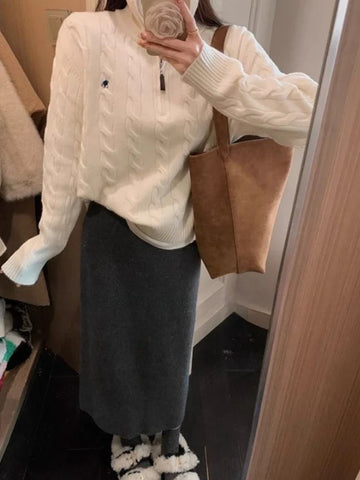 Voguable  Y2k Vintage Streetwear Knitted Pullovers Korean Style Casual Losse Zipper Solid Embroidery Sweater