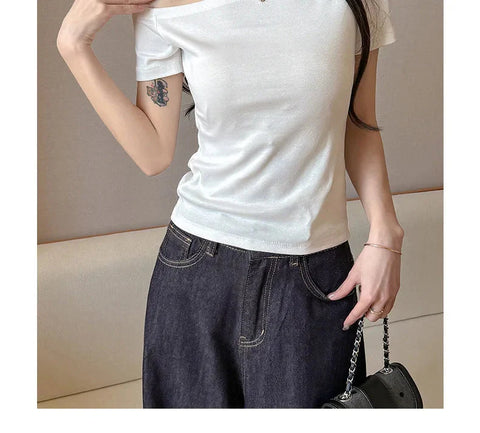 Solid Off Shoulder Short Sleeve T Shirt Simple Basic Single Sleeved Jumper Top Streetwear Slim Fit FeY2K Clothes Tees
