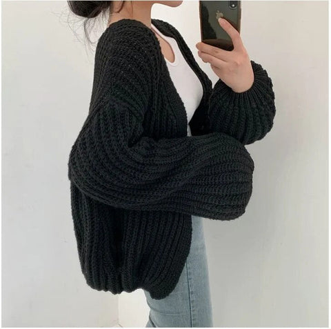 Cardigan Knitted Sweater Casual Korean Vintage Harajuku Lantern Sleeve Tops Coat Lazy Wind Y2k Sweater