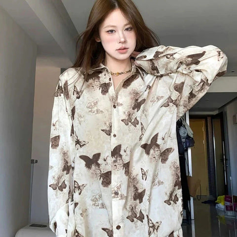 Vintage Harajuku Butterfly Print Shirt Y2K Oversized Single Breasted FeShirt Streetwear Turn Down Collar Blouse Mujer