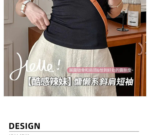 Solid Off Shoulder Short Sleeve T Shirt Simple Basic Single Sleeved Jumper Top Streetwear Slim Fit FeY2K Clothes Tees