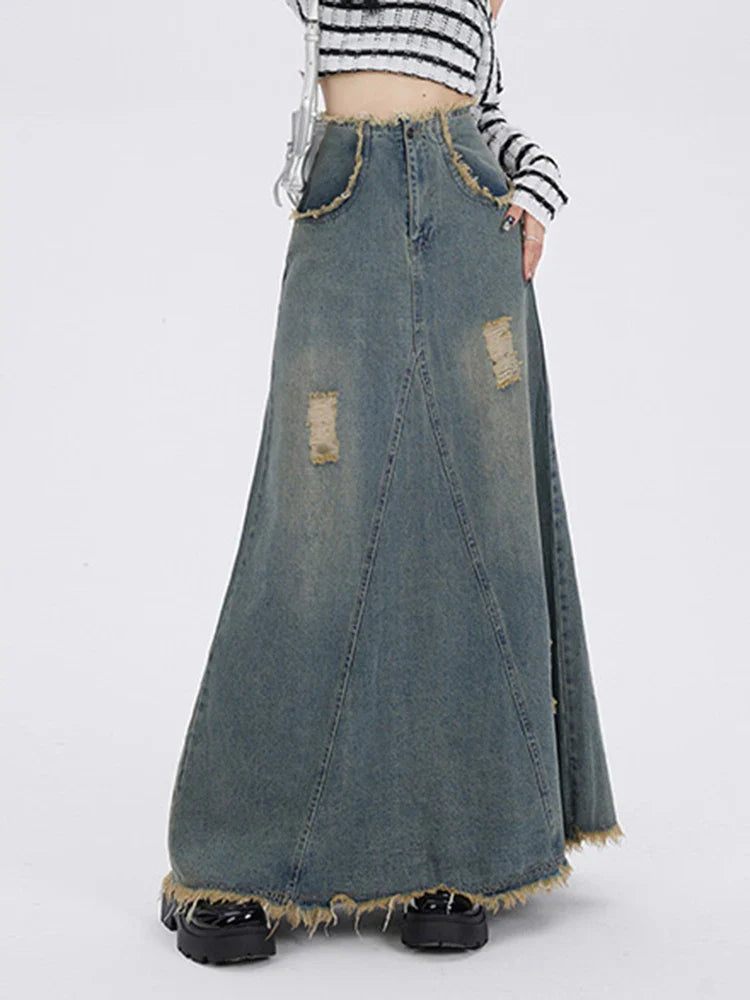 Ripped Denim Skirt for High Waisted Slit Cut Chic A-Line Long Skirt Basic Vintage Y2k Pocket Korean Skirt
