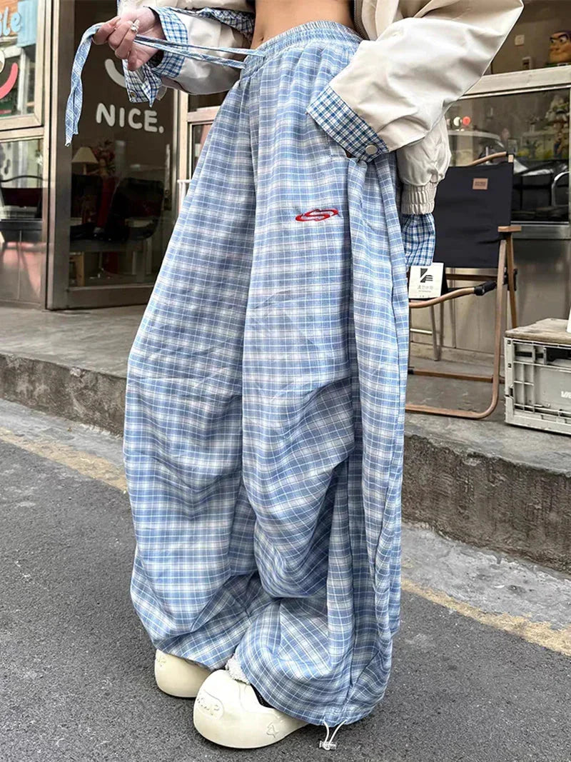 Streetwear Y2K Plaid Pants Vintage American High Waist Scimitar Pants Harajuku Oversize Loose Bf Casual Trousers New