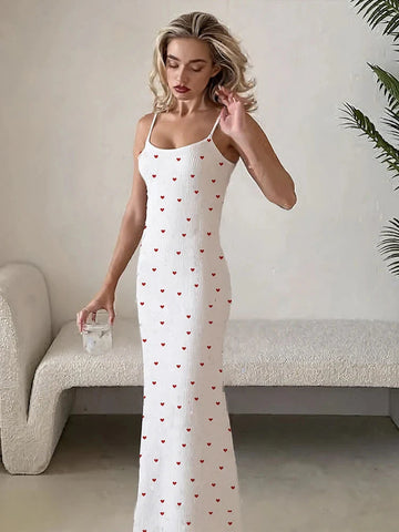Elegant Heart Print Ribbed Maxi Dress Y2K Trend Square Collar Backless Robe Daily Casual Outfits