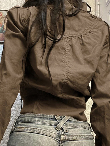 Voguable Vintage Cropped Jackets for Harajuku Casual Slim Fit Zipper Coat Y2K Streetwear Long Sleeve Outerwear