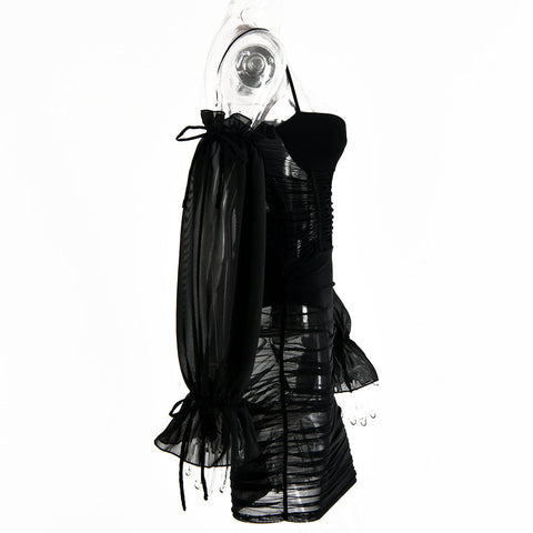 Voguable  Spaghetti Strap Long Lantern Sleeves Ruched Mini Dresses Woman Y2k Mesh Vintage Dress Club Party Vestidos