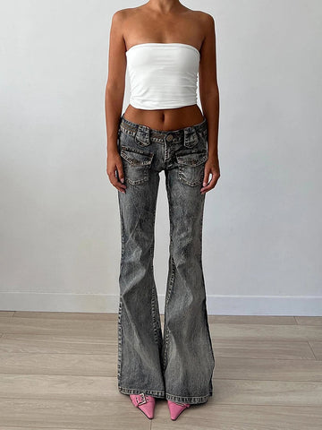 Voguable Vintage Washed Flare Jeans Pants Low Waist Streetwear Y2K Slim Fit Boot Cut Pants Grunge Denim Trousers pantalone