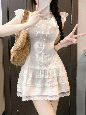 Voguable Y2k Coquette White Lolita Sweet White Kawaii Cute Mini Dress Lace Bow Princess Slip Lace Short Dresses Fashion