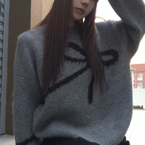 Elegant Bow Sweaters Vintage Y2k Knitted Pullovers Winter Loose Long Sleeve Aesthetics Streetwear Jumpers