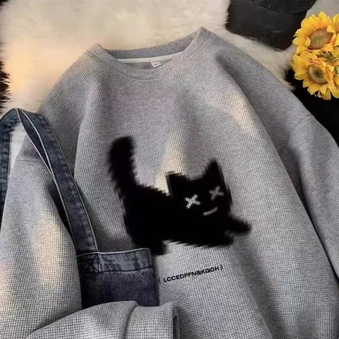Voguable Streetwear Harajuku Waffle Cotton Kawaii Hoodies for O-Neck Oversized Sweatshirt Y2K Black Cat HIP HOP Punk Winter Clothes