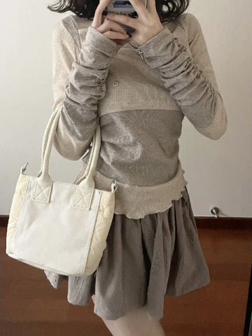 Voguable Elegant Casual Outwear 2 Piece Skirt Set Woman Slim Bodycon Knitted Blouse + Sweet Y2k Mini Skirt Suit Chic