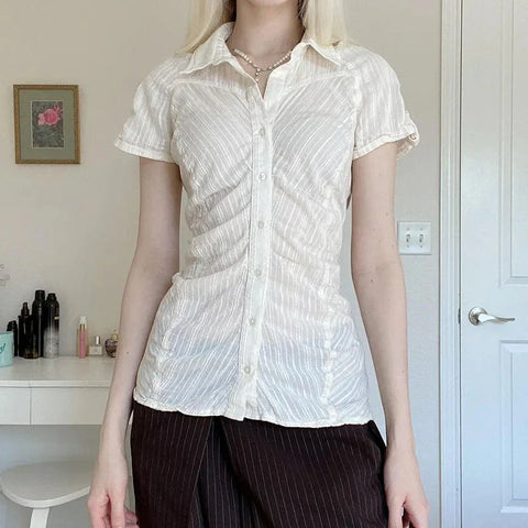 y2k Shirts Coquette Clothes Striped Lapel Collar Single Breasted Short Sleeve Blouse 2000s Clothing Streetwear