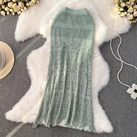 Voguable Boho Retro Holiday Long Skirts Y2k Crochet Hollow Out FeTrumpet Skirt Ladies Elegant Skirt