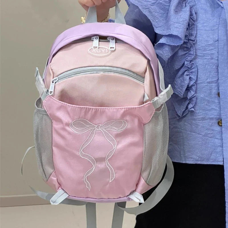 Students Travel Bags Patchwork Contrast Color Schoolbags Preppy Chic Kawaii Bow Embroidery Backpacks Y2k Aesthetic Fashion
