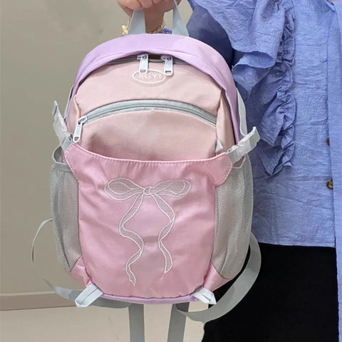 Students Travel Bags Patchwork Contrast Color Schoolbags Preppy Chic Kawaii Bow Embroidery Backpacks Y2k Aesthetic Fashion