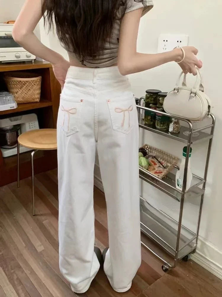 Voguable Blue Jeans for High Quality High Waist American Wide Leg Pants Bow Embroidery Y2K Vintage Straight Trousers