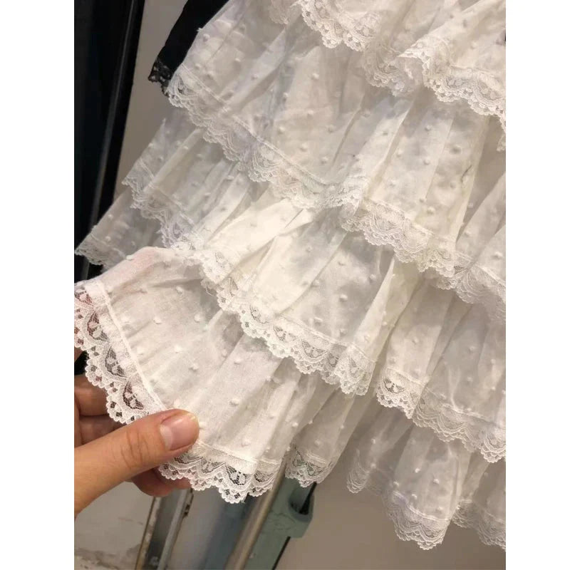 Y2K Lace Skirt Sweet Preppy Patchwork Tutu Skirt High Waist White Lolita FeMini Cake Skirt