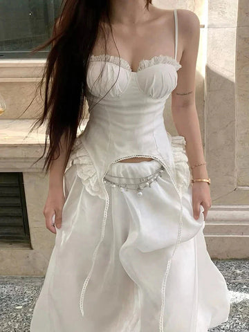 Patchwork Lace Camisole Y2K Strapless Fungus Edge Irregular Hem Tassel Skinny Backless Classic Tops